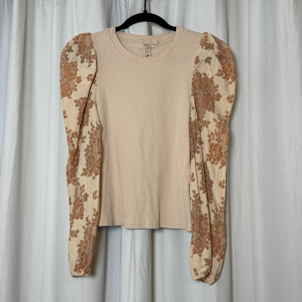 Dolan Left Coast Lace Puff Sleeve Ribbed Knit Top Women’s Small Cream Tan - Picture 4 of 12